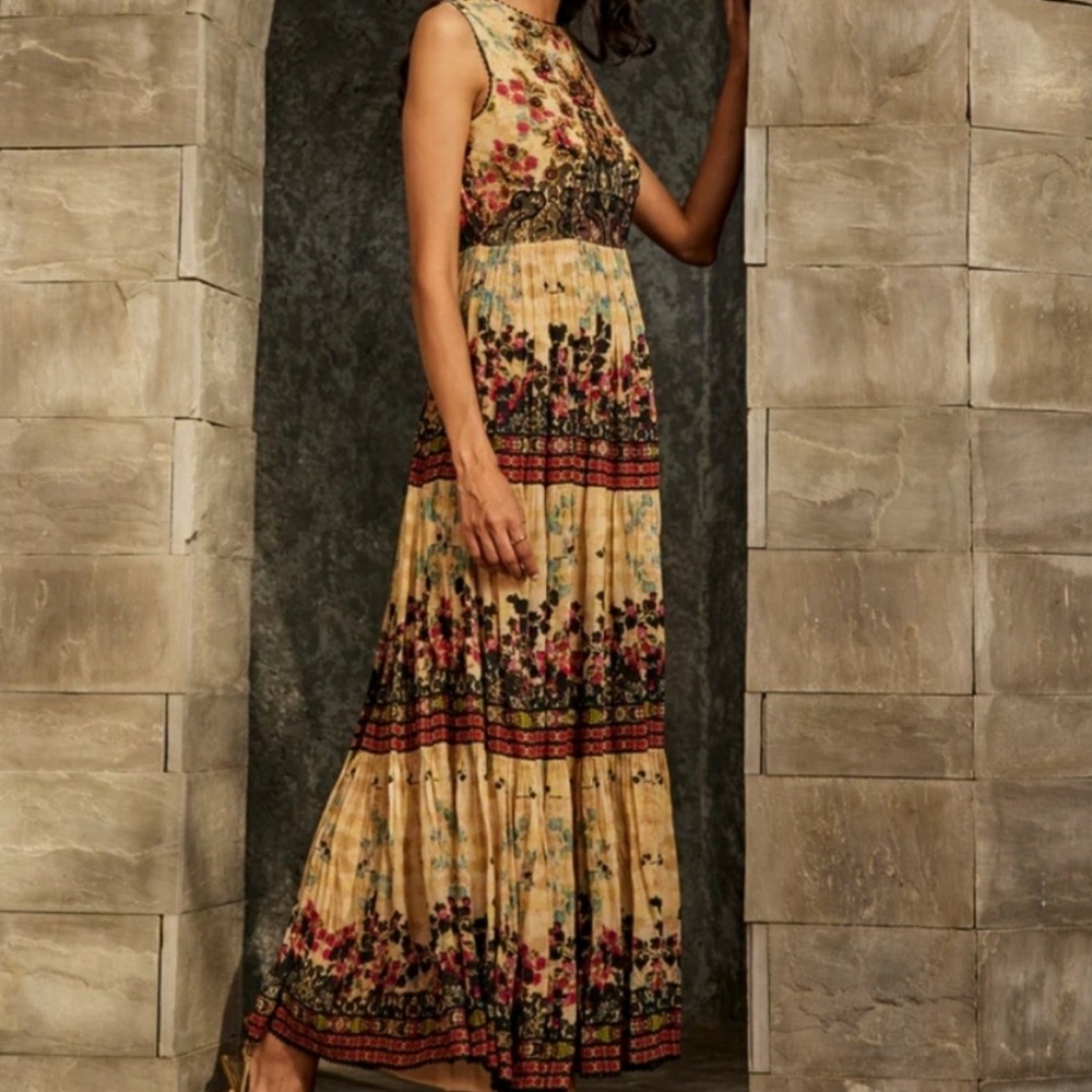 NEW Bhanuni Anthropologie Avery Maxi Dress Beaded Women's 4 Tiered Ruffle Boho